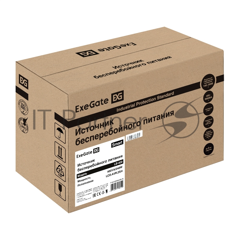 Источник бесперебойного питания ExeGate Smart LB-400.LCD.AVR.2SH (400VA/240W, LCD, AVR, 2*Schuko, батарея 12V 4.5Ah, Black)