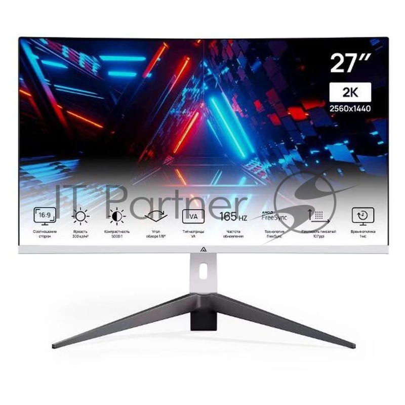 Монитор 27" ABR MC27GQC-i2 VA 2560x1440, 165 Гц, 1 мс, 16:9, 300 кд/м², 2xHDMI, 2xDP 1.4, HDR, изогнутый экран (1500R), VESA 100x100, белый