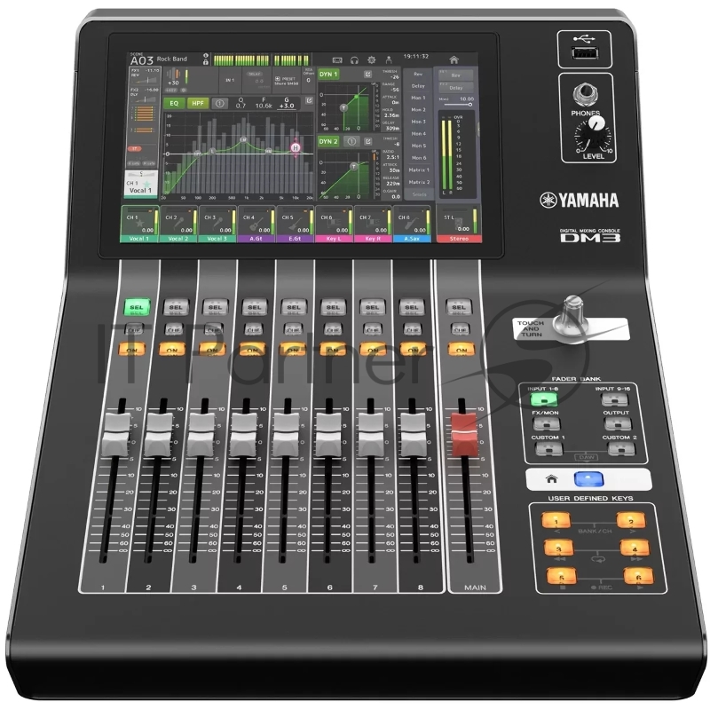 Микшер Yamaha DM3 цифровой, компактный, Dante, 9 фейд, 9" мультисенсорный экран, входные каналы микширования: 16 моно + 1 стерео + 2 FX возврат, шины: 1 стерео, 6 миксов, 2 FX, 2 матрицы (поддерживает ввод в матрицу), локальный ввод-вывод: 16 микрофонн