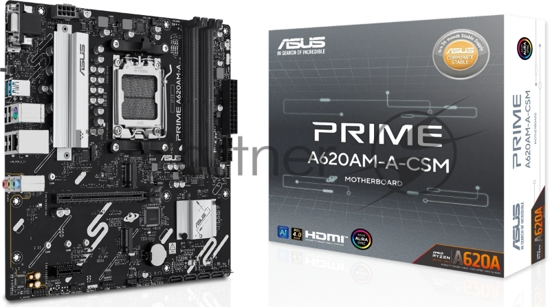 Материнская плата ASUS PRIME A620M-A-CSM, AM5, AMD A620, 4xDDR5, 4xSATA, 2xM.2, 1xPCIe 4.0 x16, 2xPCIe 3.0 x1, 1xVGA, 1xHDMI, 1xDP, 1x1Gb LAN, 2xUSB-A 5Gbps, 4xUSB-A 2.0, 3x3.5 мм, 7.1, mATX