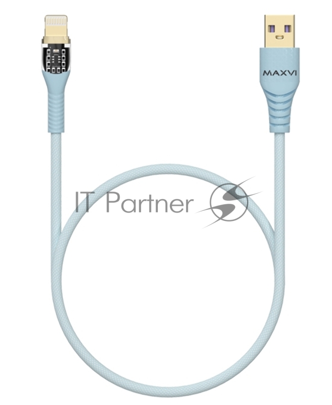 Дата-кабель Maxvi MC-31L USB-Lightning 2.4А, прозрачный корпус, LED подсветка, 1.2м, sky blue