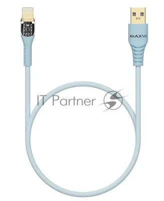 Дата-кабель Maxvi MC-31L USB-Lightning 2.4А, прозрачный корпус, LED подсветка, 1.2м, sky blue
