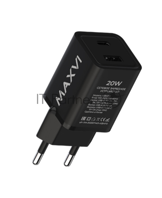 Сетевое зарядное устройство Maxvi A354PD Type-C 20W PD3.0 + USB 2.4A, черный