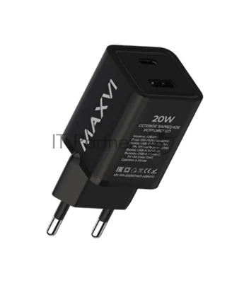Сетевое зарядное устройство Maxvi A354PD Type-C 20W PD3.0 + USB 2.4A, черный