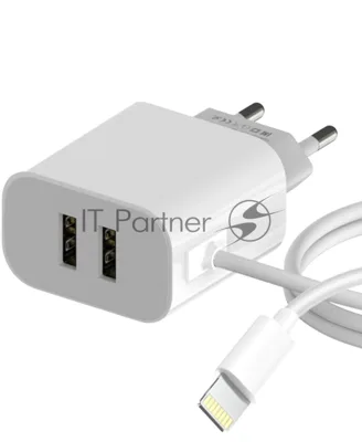 Сетевое зарядное устройство Maxvi CHL-242L 2хUSB 2.4A + литой кабель Lightning 1.2м, белый
