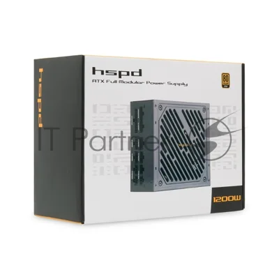 Блок питания Power Supply HSPD, 1200W 80 PLUS Gold (ATX, 2.52, Full modular, 1x24(20+4)pin 600мм, 2xCPU 8(4+4)pin 700мм, 2xPCIe*2 8(6+2)pin 600+150мм, 2xSATA*3 500+150+150мм, 1xMOLEX*3 500+150+150мм, Active, 120x120мм, 150x140x86мм, APFC, OVP, OPP, SCP, UVP, OCP, OTP, NLO, SIP, black)