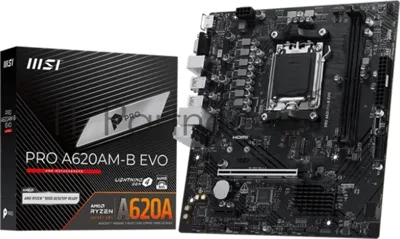 Материнская плата MSI PRO A620M-B EVO, AM5, AMD A620A, 2xDDR5, 2xSATA, 1xM.2, 1xPCIe 4.0 x16, 1xPCIe x1, 1xVGA, 1xHDMI, 1x2.5Gb LAN, 4xUSB-A 5Gbps, 2xUSB-A 2.0, 2xPS/2, 3x3.5 мм, 7.1, чёрный, mATX