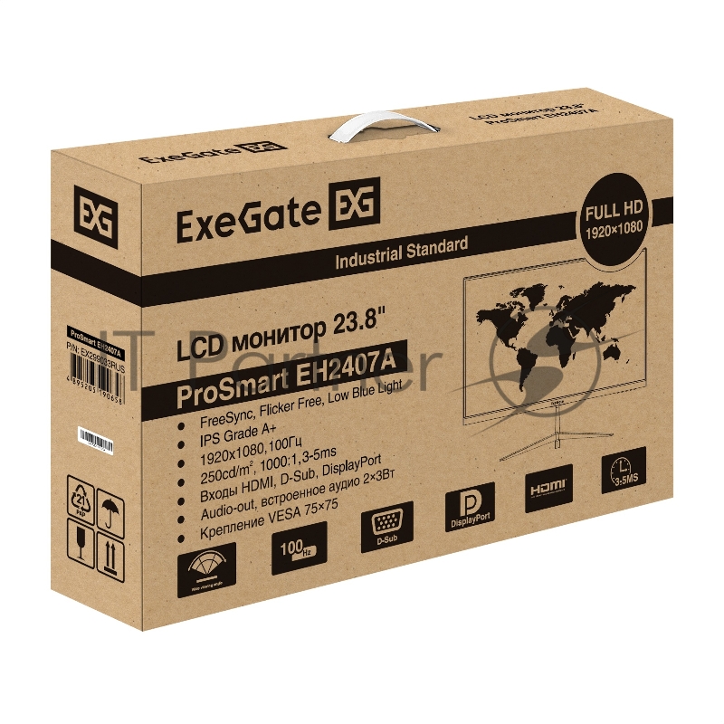 Монитор 23.8" ExeGate ProSmart EH2407A IPS 1920x1080, 100 Гц, 3 мс, 16:9, 250 кд/м², VGA, HDMI 2.0, DP 1.2, 3.5 Jack, динамики (2x3 Вт), FreeSync, черный