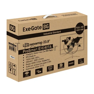 Монитор 23.8" ExeGate ProSmart EH2407A IPS 1920x1080, 100 Гц, 3 мс, 16:9, 250 кд/м², VGA, HDMI 2.0, DP 1.2, 3.5 Jack, динамики (2x3 Вт), FreeSync, черный