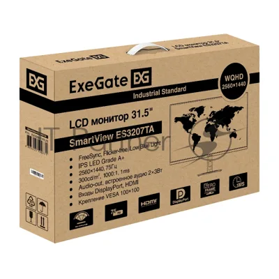 Монитор 31.5" ExeGate SmartView ES3207TA IPS 2560x1440, 75 Гц, 1 мс, 16:9, 300 кд/м², HDMI 2.0, DP, 3.5 Jack, динамики (2x3 Вт), HDR10, FreeSync, черный