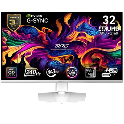 Монитор 31.5" MSI MPG 321URXW QD-OLED 3840x2160, 240 Гц, 0.03 мс, 16:9, 250 кд/м², 2xHDMI 2.1, DP 1.4, USB-C (90 Вт), 3.5 Jack, USB Hub (2x USB 2.0), HDR10, черный