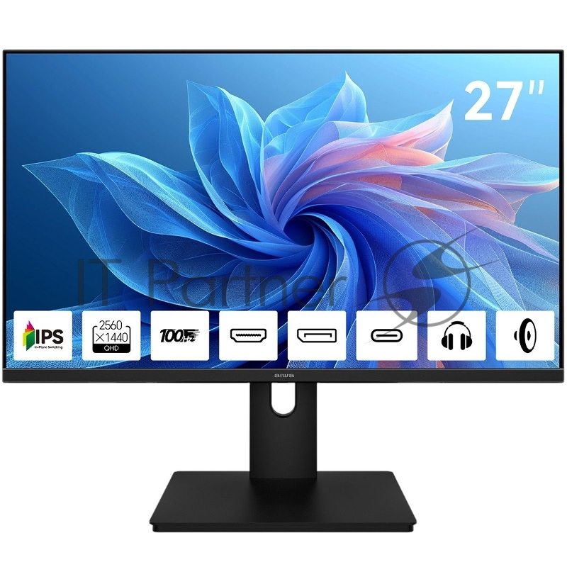 Монитор 27" Aiwa MQ272A IPS 2560x1440, 100 Гц, 4 мс, 16:9, 300 кд/м², HDMI 2.0, DP 1.2, USB-C, 3.5 Jack, динамики (2x3 Вт), FreeSync, G-Sync, черный
