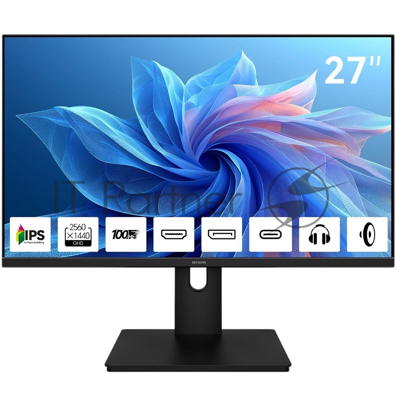 Монитор 27" Aiwa MQ271A IPS 2560x1440, 100 Гц, 4 мс, 16:9, 300 кд/м², HDMI 2.0, DP 1.2, USB-C (15 Вт), 3.5 Jack, динамики (2x3 Вт), FreeSync, G-Sync, черный