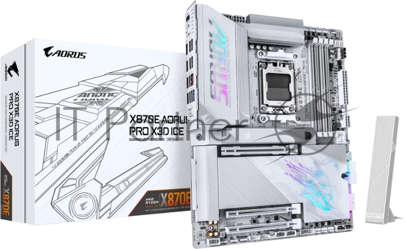 Материнская плата Gigabyte X870E AORUS PRO X3D ICE, AM5, AMD X870E, 4xDDR5, 4xSATA, 4xM.2, 1xPCIe 5.0 x16, 1xPCIe 4.0 x16, 1xPCIe 3.0 x16, 1xHDMI, 1x5Gb LAN, Wi-Fi 7, Bluetooth 5.4, 2xUSB-C 40Gbps (USB4), 2xUSB-C 10Gbps, 5xUSB-A 10Gbps, 3xUSB-A 5Gbps, 3x3.5 мм + S/PDIF оптический, 7.1, белый, ATX