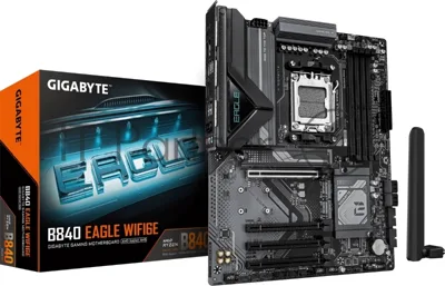Материнская плата Gigabyte B840 EAGLE WIFI6E, AM5, AMD B840, 4xDDR5, 4xSATA, 3xM.2, 1xPCIe 4.0 x16, 3xPCIe 3.0 x16, 1xHDMI, 1xDP, 1x2.5Gb LAN, Wi-Fi 6E, Bluetooth 5.3, 1xUSB-C 10Gbps, 1xUSB-A 10Gbps, 2xUSB-A 5Gbps, 4xUSB-A 2.0, 3x3.5 мм, 7.1, ATX