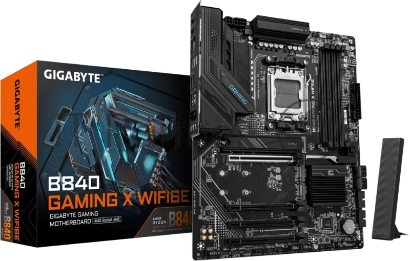 Материнская плата Gigabyte B840 GAMING X WIFI6E, AM5, AMD B840, 4xDDR5, 4xSATA, 3xM.2, 1xPCIe 4.0 x16, 3xPCIe 3.0 x16, 1xHDMI, 1xDP, 1x2.5Gb LAN, Wi-Fi 6E, Bluetooth 5.3, 1xUSB-C 10Gbps, 1xUSB-A 10Gbps, 2xUSB-A 5Gbps, 4xUSB-A 2.0, 3x3.5 мм, 7.1, ATX