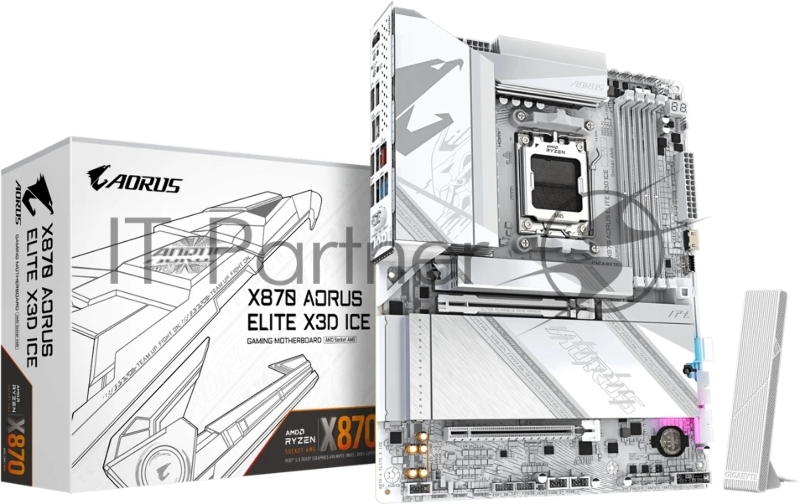 Материнская плата Gigabyte X870 AORUS ELITE X3D ICE, AM5, AMD X870, 4xDDR5, 2xSATA, 4xM.2, 1xPCIe 5.0 x16, 1xPCIe 4.0 x16, 1xHDMI, 1x5Gb LAN, Wi-Fi 7, Bluetooth 5.4, 2xUSB-C 40Gbps (USB4), 1xUSB-C 10Gbps, 2xUSB-A 10Gbps, 4xUSB-A 5Gbps, 1xUSB-A 2.0, 3x3.5 мм + S/PDIF оптический, 7.1, ATX