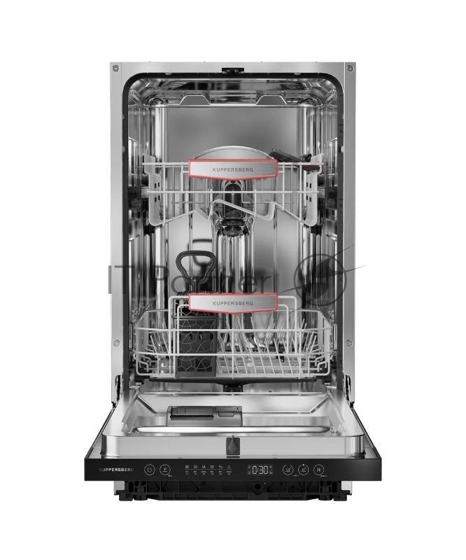 Встраиваемая посудомоечная машина Kuppersberg GHS 4520, High-Tech, 45 см, 10 комплектов, 6 программ, 3 корзины, конденсационная сушка, полная защита от протечек, индикатор отсутствия соли и ополаскивателя, отображение времени мытья, сенсорное управление, самодиагностика неисправностей, защита от детей, уровень шума 49 дб, энергоэффективность А