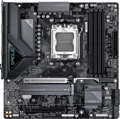 Материнская плата Gigabyte B850M EAGLE WIFI6E, AM5, AMD B850, 4xDDR5, 4xSATA, 2xM.2, 1xPCIe 5.0 x16, 1xPCIe 3.0 x16, 1xHDMI, 2xDP, 1x2.5Gb LAN, Wi-Fi 6E, Bluetooth 5.3, 1xUSB-C 10Gbps, 2xUSB-A 10Gbps, 2xUSB-A 5Gbps, 4xUSB-A 2.0, 1xPS/2, 3x3.5 мм, 7.1, mATX