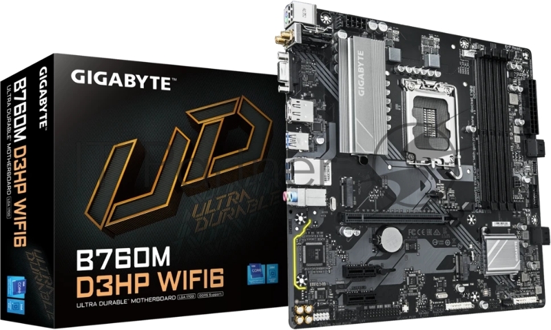 Материнская плата Gigabyte B760M D3HP WIFI6, LGA 1700, Intel B760, 4xDDR5, 4xSATA, 2xM.2, 1xPCIe 4.0 x16, 1xPCIe 4.0 x4, 1xHDMI, 1xDP, 1x2.5Gb LAN, Wi-Fi 6, Bluetooth 5.3, 1xUSB-C 10Gbps, 1xUSB-A 10Gbps, 4xUSB-A 5Gbps, 2xUSB-A 2.0, 1xPS/2, 3x3.5 мм, 7.1, mATX