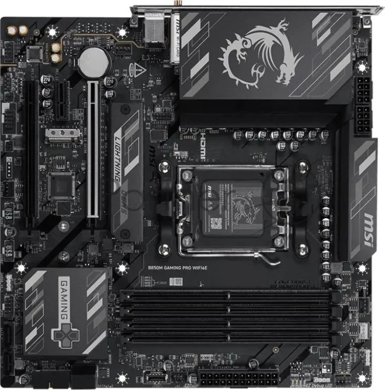 Материнская плата MSI B850M GAMING WIFI6E, AM5, AMD B850, 2xDDR5, 4xSATA, 2xM.2 (PCIe 5.0/4.0), 1xPCIe 4.0 x16, 1xPCIe x1, 1xHDMI, 1xDP, 1x2.5Gb LAN, Wi-Fi 6E, Bluetooth 5.3, 1xUSB-C 10Gbps, 3xUSB-A 10Gbps, 3xUSB-A 5Gbps, 2xUSB-A 2.0, 3x3.5 мм, 7.1, чёрный/серебристый, mATX