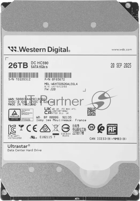 Жесткий диск серверный WD Ultrastar DC HC590 26TB WUH722626ALE6L4 (SATA 3.5" 7200 512Mb 6Gbs)