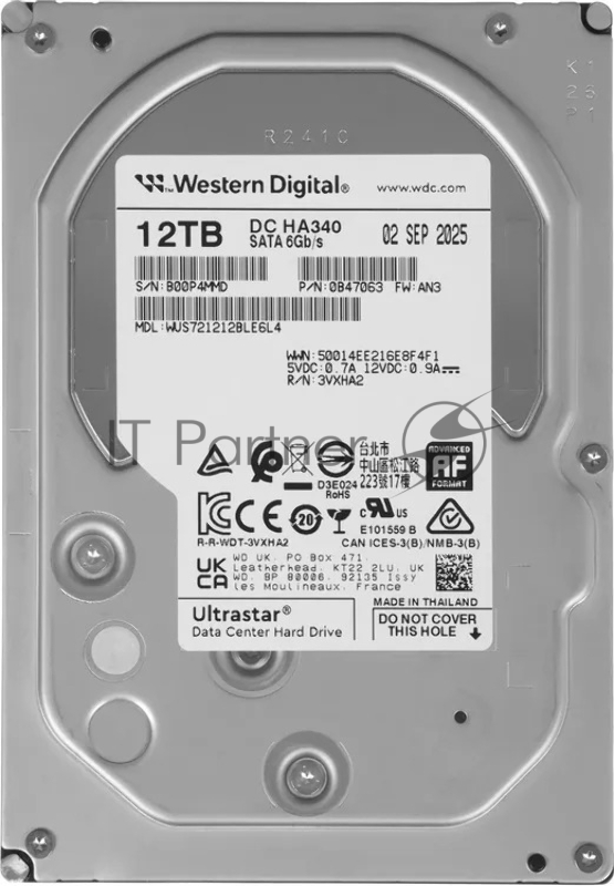 Жесткий диск серверный WD Ultrastar DC HA340 12TB WUS721212BLE6L4 (SATA 3.5"/7200/512Mb/6Gbs)