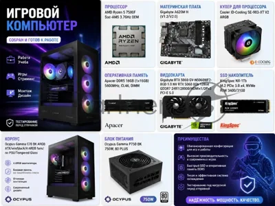 Игровой компьютер ITP Premium AMD Ryzen 5 7500F/A620/DDR5 32GB/SSD 1Tb/RTX5060/DOS