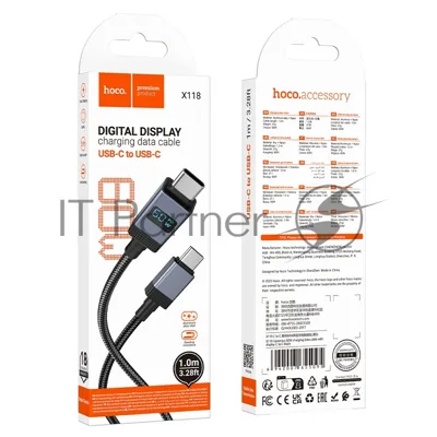 Кабель USB2.0 Hoco Type-C/Type-C, 3А, 60Вт, с дисплеем, X118, 1м, черный, коробка