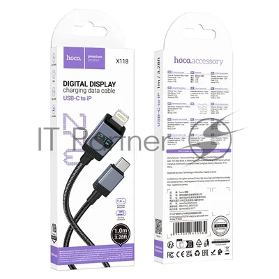 Кабель USB2.0 Hoco Type-C/Lightning, 2.4А, 27Вт,с дисплеем, X118, 1м, черный, коробка