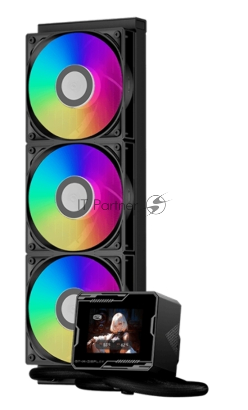 Система охлаждения Water Cooling System PCCooler GT360M ARGB Display BK (300W, 360mm, LED temp., Black, ARGB/Fans: 3x120mm, 75.8CFM, 33.7dBA, 2200RPM/Pump height 85mm, 15dBA, 2600RPM, Rad thickness 27mm/S: 1851, 1700, 1200, 115X, AM5, AM4)