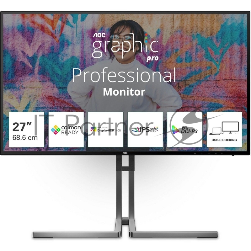 Монитор 27" AOC U27U3CV Nano IPS 3840x2160, 60 Гц (75 Гц макс.), 4 мс, 16:9, 400 кд/м², 2×HDMI 2.0, DP 1.4, USB-C (96 Вт PD), USB Hub (4×USB 3.2 Gen2 + 1×USB-C), RJ-45, 3.5 Jack, динамики (2×3 Вт), DisplayHDR 400, Adaptive-Sync, KVM, черный