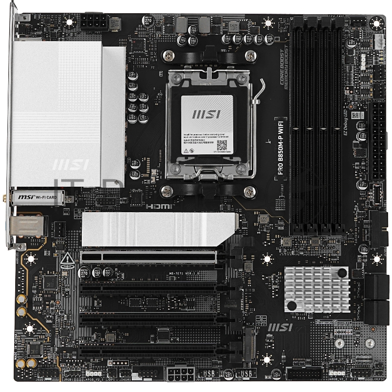 Материнская плата MSI PRO B850M-P, AM5, AMD B850, 4xDDR5, 4xSATA, 3xM.2, 1xPCIe 5.0 x16, 3xPCIe 3.0 x16, 1xHDMI, 1xDP, 1x5Gb LAN, 1xUSB-C 10Gbps, 1xUSB-A 10Gbps, 2xUSB-A 5Gbps, 4xUSB-A 2.0, 3x3.5 мм, 7.1, чёрный, mATX