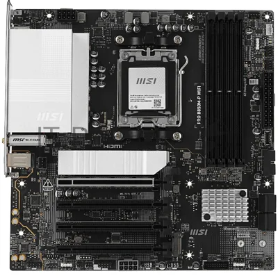 Материнская плата MSI PRO B850M-P, AM5, AMD B850, 4xDDR5, 4xSATA, 3xM.2, 1xPCIe 5.0 x16, 3xPCIe 3.0 x16, 1xHDMI, 1xDP, 1x5Gb LAN, 1xUSB-C 10Gbps, 1xUSB-A 10Gbps, 2xUSB-A 5Gbps, 4xUSB-A 2.0, 3x3.5 мм, 7.1, чёрный, mATX