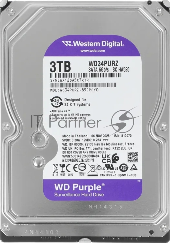 Жесткий диск HDD WD Purple 3Tb 5400rpm SATA 128Mb 3.5"