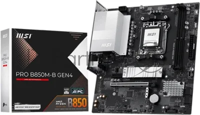 Материнская плата MSI PRO B850M-B GEN4, AM5, AMD B850, 2xDDR5 (до 128 ГБ), 4xSATA, 2xM.2 (1xPCIe 5.0, 1xPCIe 4.0), 1xPCIe 4.0 x16, 1xPCIe x1, 1xHDMI, 1xDP, 1x2.5Gb LAN, 1xUSB-C 5Gbps, 3xUSB-A 5Gbps, 2xUSB-A 2.0, 3x3.5 мм, 7.1, чёрный/серебристый, mATX