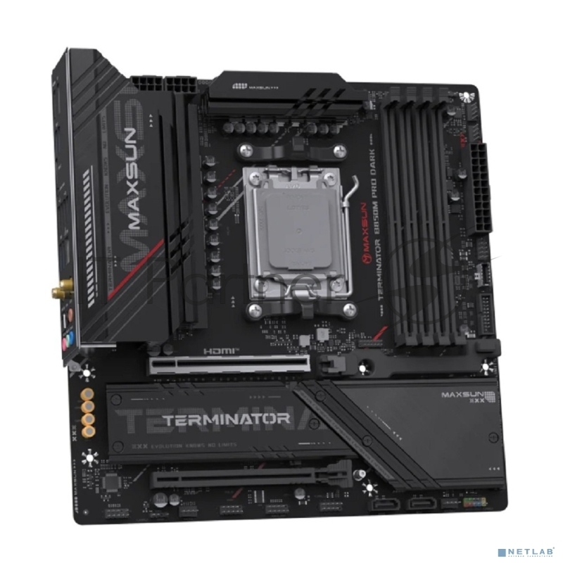 Материнская плата Maxsun MS-Terminator B850M PRO DARK WIFI, AM5, AMD B850, 4xDDR5, 2xSATA, 3xM.2, 1xPCIe 5.0 x16, 1xPCIe 4.0 x16, 1xHDMI, 1xDisplayPort, 1x 2.5Gb LAN, 4xUSB 3.2 Gen1, 4xUSB 2.0, 1xUSB 3.2 Gen2 Type-C, 6x3.5 мм, 5.1, microATX