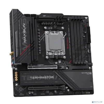 Материнская плата MAXSUN Terminator B850M PRO DARK WIFI, AM5, AMD B850, 4xDDR5, 2xSATA, 3xM.2, 1xPCIe 5.0 x16, DisplayPort, HDMI, USB Type-C, 1x2.5Gb LAN, Wi-Fi 6E, Bluetooth, 5x3.5 мм, 7.1, microATX