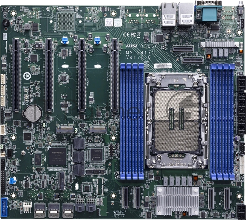 Серверная материнская плата MSI D3060-D3060GB2N-1G, 1xE2 (LGA 4710), Intel Xeon 6700E/6500P/6700P-Series, 8xDDR5 RDIMM (до 8000 МГц), 3xSlimSAS, 6xMCIO, 4xPCIe 5.0 x16, 2xM.2 22110, 2x1Gb LAN, AST2600 BMC, 2xUSB-A 5Gbps, 1xVGA, 1xCOM, RAID 0/1/5/10, SSI CEB