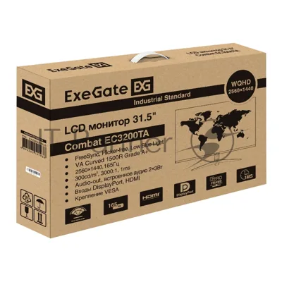 Монитор 31.5" ExeGate Combat EC3200TA VA 2560x1440, 165 Гц, 5 мс (GtG), 16:9, 300 кд/м², изогнутый (1500R), 2×HDMI 2.0, 2×DP, 3.5 Jack, динамики (2×3 Вт), RGB-подсветка, FreeSync, черный