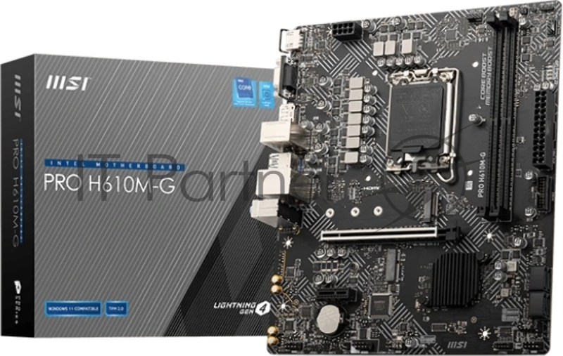 Материнская плата MSI PRO H610M-G OEM LGA 1700, Intel H610, 2xDDR5, 4xSATA, 1xM.2 (PCIe 3.0 x4), 1xPCIe 4.0 x16, 2xPCIe x1, 1xVGA, 1xHDMI, 1xDP, 1x1Gb LAN, 4xUSB-A 5Gbps, 2xUSB-A 2.0, 1xPS/2, 3x3.5 мм, 7.1, чёрный, mATX