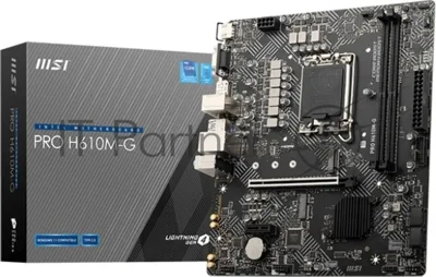 Материнская плата MSI PRO H610M-G OEM LGA 1700, Intel H610, 2xDDR5, 4xSATA, 1xM.2 (PCIe 3.0 x4), 1xPCIe 4.0 x16, 2xPCIe x1, 1xVGA, 1xHDMI, 1xDP, 1x1Gb LAN, 4xUSB-A 5Gbps, 2xUSB-A 2.0, 1xPS/2, 3x3.5 мм, 7.1, чёрный, mATX