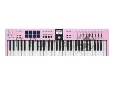 Клавиатура MIDI 231535 Arturia KeyLab Essential 61 mk3 Rose Quartz 61 клавиша, LCD дисплей, 9 энкодеров, 8 пэдов, 9 фейдеров, 12 кнопок управления, колеса высоты тона и модуляции, 1/4" Jack вход для педали, MIDI выход, Type-C