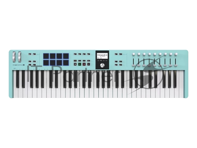 Клавиатура MIDI 231534 Arturia KeyLab Essential 61 mk3 Aquamarine 61 клавиша, LCD дисплей, 9 энкодеров, 8 пэдов, 9 фейдеров, 12 кнопок управления, колеса высоты тона и модуляции, 1/4" Jack вход для педали, MIDI выход, Type-C