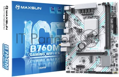 Материнская плата Maxsun B760M GAMING WIFI ICE, LGA 1700, Intel B760, 2xDDR4, 3xSATA, 1xM.2, 1xPCIe 4.0 x16, 1xPCIe x1, 1xVGA, 1xHDMI, 1x1Gb LAN, Wi-Fi 5, Bluetooth 4.2, 2xUSB-A 5Gbps, 4xUSB-A 2.0, 3x3.5 мм, 7.1, белый, mATX