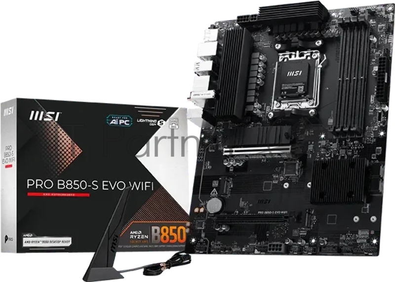 Материнская плата MSI PRO B850-S EVO WIFI, AM5, AMD B850, 4xDDR5 (до 256 ГБ), 4xSATA, 3xM.2 (1xPCIe 5.0, 2xPCIe 4.0), 1xPCIe 5.0 x16, 1xPCIe 4.0 x16, 1xHDMI, 1xDP, 1x5Gb LAN, Wi-Fi 7, Bluetooth 5.4, 1xUSB-C 10Gbps, 2xUSB-A 10Gbps, 2xUSB-A 5Gbps, 4xUSB-A 2.0, 3x3.5 мм, 7.1, чёрный, ATX