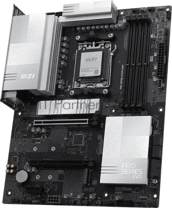 Материнская плата MSI PRO X870E-S EVO WIFI, AM5, AMD X870E, 4xDDR5 (до 256 ГБ), 4xSATA, 3xM.2 (1xPCIe 5.0, 2xPCIe 4.0), 1xPCIe 5.0 x16, 1xPCIe 4.0 x16, 1xPCIe x1, 1xHDMI, 1x5Gb LAN, Wi-Fi 7, Bluetooth 5.4, 1xUSB-C 40Gbps (USB4), 1xUSB-C 20Gbps, 2xUSB-A 10Gbps, 2xUSB-A 5Gbps, 4xUSB-A 2.0, 3x3.5 мм, 7.1, чёрный, ATX