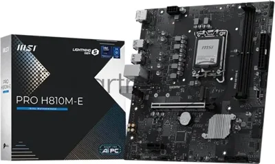 Материнская плата MSI PRO H810M-E, LGA 1851, Intel H810, 2xDDR5 (до 128 ГБ), 4xSATA, 1xM.2 (PCIe 4.0 x4), 1xPCIe 5.0 x16, 1xPCIe x1, 1xHDMI, 1xDP, 1x2.5Gb LAN, 2xUSB-A 5Gbps, 4xUSB-A 2.0, 3x3.5 мм, 7.1, чёрный, mATX