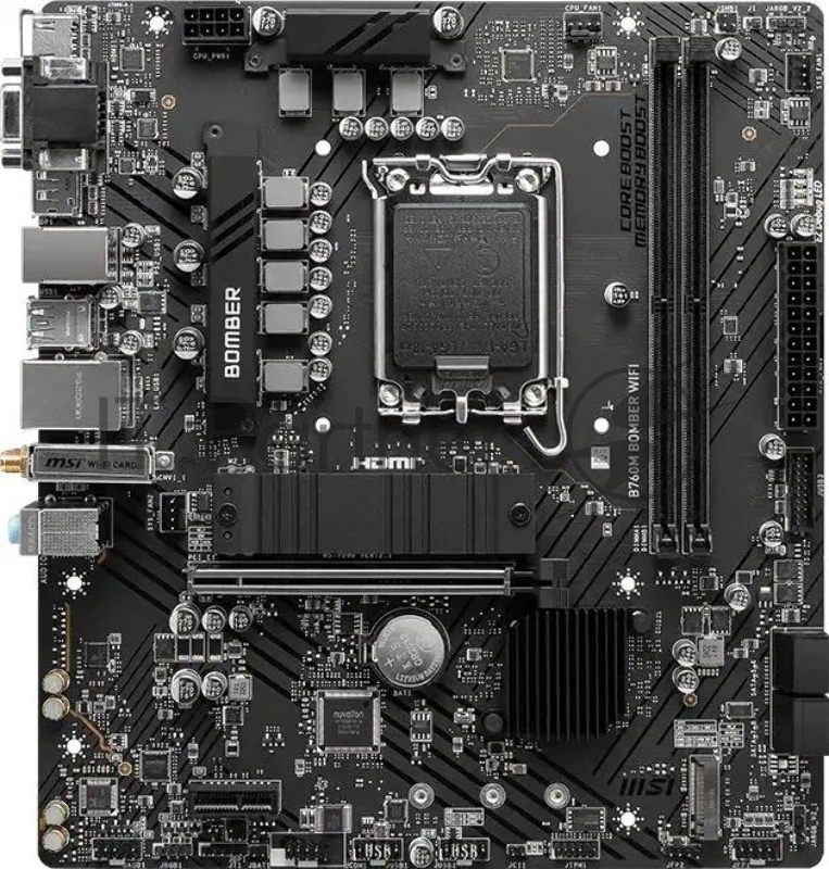 Материнская плата MSI B760M BOMBER WIFI, LGA 1700, Intel B760, 2xDDR5, 4xSATA, 2xM.2, 1xPCIe 4.0 x16, 1xPCIe x1, 1xVGA, 1xHDMI, 1xDP, 1x2.5Gb LAN, Wi-Fi 6E, Bluetooth 5.3, 4xUSB-A 5Gbps, 2xUSB-A 2.0, 1xPS/2, 3x3.5 мм, 7.1, чёрный, mATX