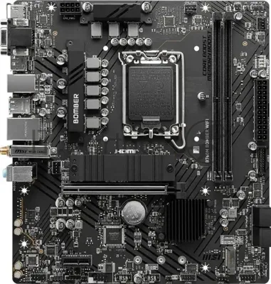 Материнская плата MSI B760M BOMBER WIFI, LGA 1700, Intel B760, 2xDDR5, 4xSATA, 2xM.2, 1xPCIe 4.0 x16, 1xPCIe x1, 1xVGA, 1xHDMI, 1xDP, 1x2.5Gb LAN, Wi-Fi 6E, Bluetooth 5.3, 4xUSB-A 5Gbps, 2xUSB-A 2.0, 1xPS/2, 3x3.5 мм, 7.1, чёрный, mATX